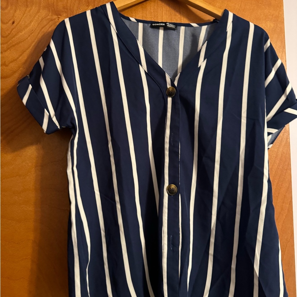 Navy Blue Striped Button-Up Blouse